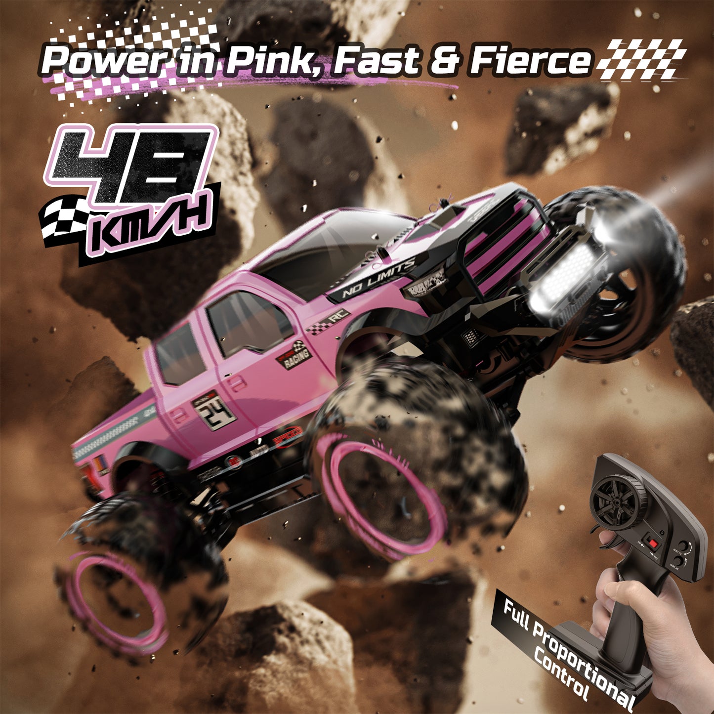 DEERC 1:10 Fast RC Cars for Adults, 4X4 High Speed RC Truck Crawler, 48+KM/H, Pink All Terrain Hobby Remote Control Monster Truck with 2 Modular Batteries, Toy Vehicle Gift for Kids