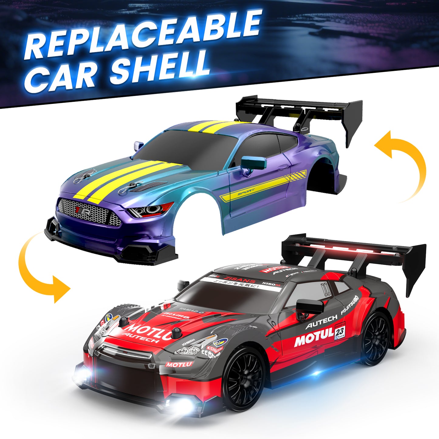 DEERC RC Drift Car, 4WD 2.4GHz Remote Control Car for Kids W/LED Lights, Car Shell, 2 Rechargeable Batteries, 40mins Playtime, Racing & Drift Wheels, 8 Traffic Cones, Toy Cars for Boys Girls