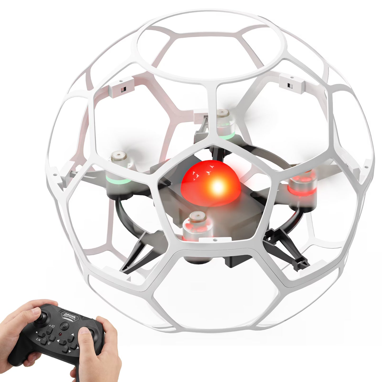 Flying Soccer Drone for Kids, Wefone Quadcopter with 360° Protection, One-Key Takeoff, Headless Mode, LED Light, Anti-Turtle Mode, 1 Battery, White