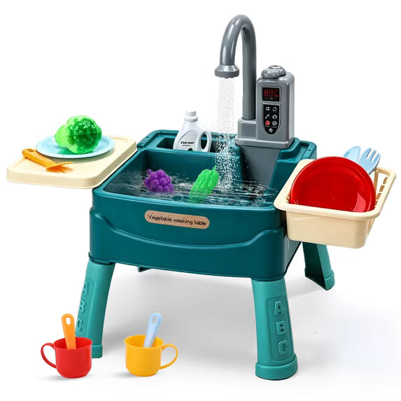Kids Play Sink with Running Water, Pretend Kitchen Sink Toy Set, 24PCS Dish Washing Playset with Vegetables and Tableware, Educational Role Play Toy for Boys Girls Ages 3+