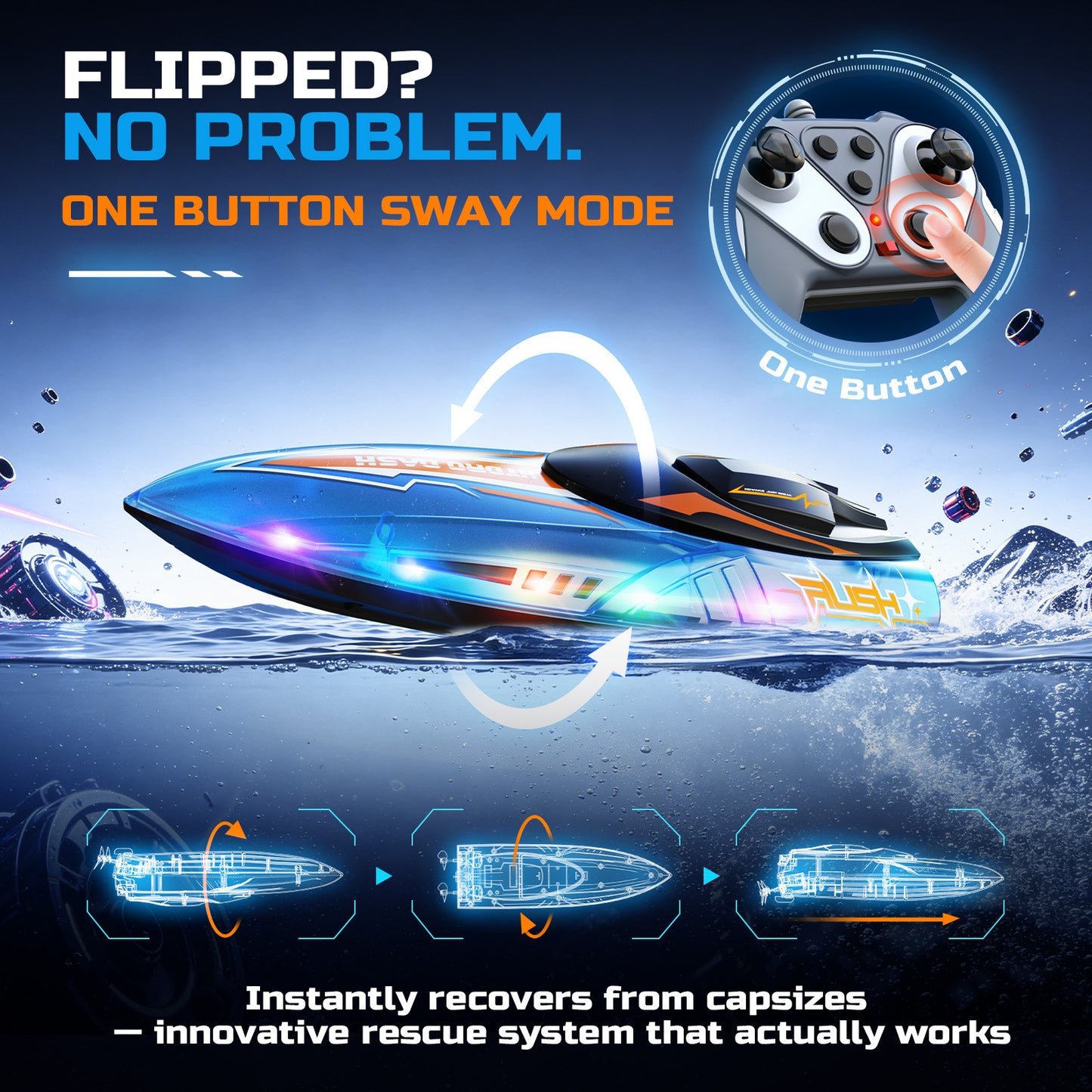 DEERC 13 inch Remote Control Boat for Kids, 2.4Ghz RC Boat with LED Lights for Pools and Lakes, Summer Water Toy Gift for Boys 8-12, 2 Batteries