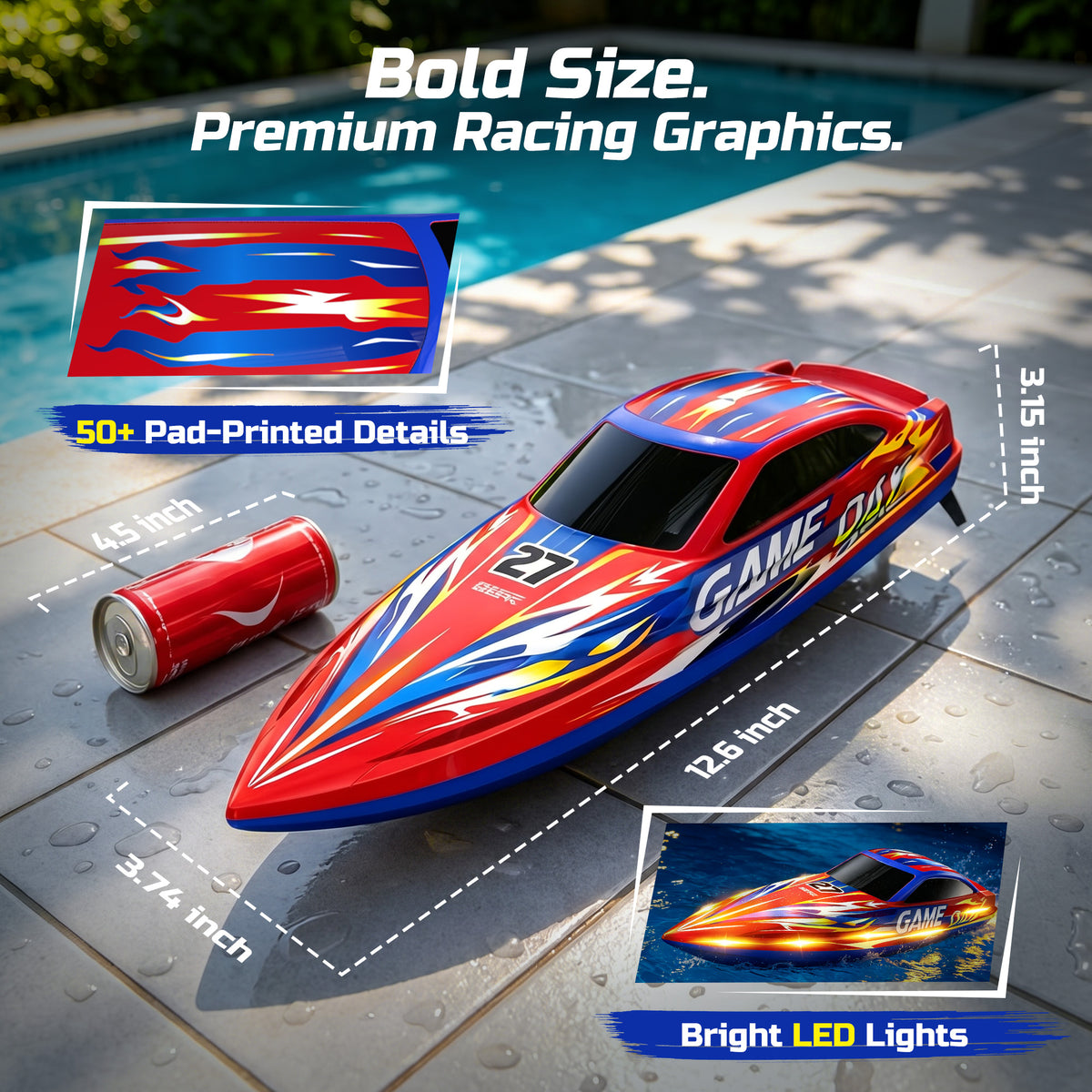 DEERC Fast RC Boat for Pool & Lake, 20+MPH, 40+ Mins, 7 LED Light Modes, Self Righting Remote Control Racing Speed Boat for Kids, 2.4Ghz Summer Water Toy Gift