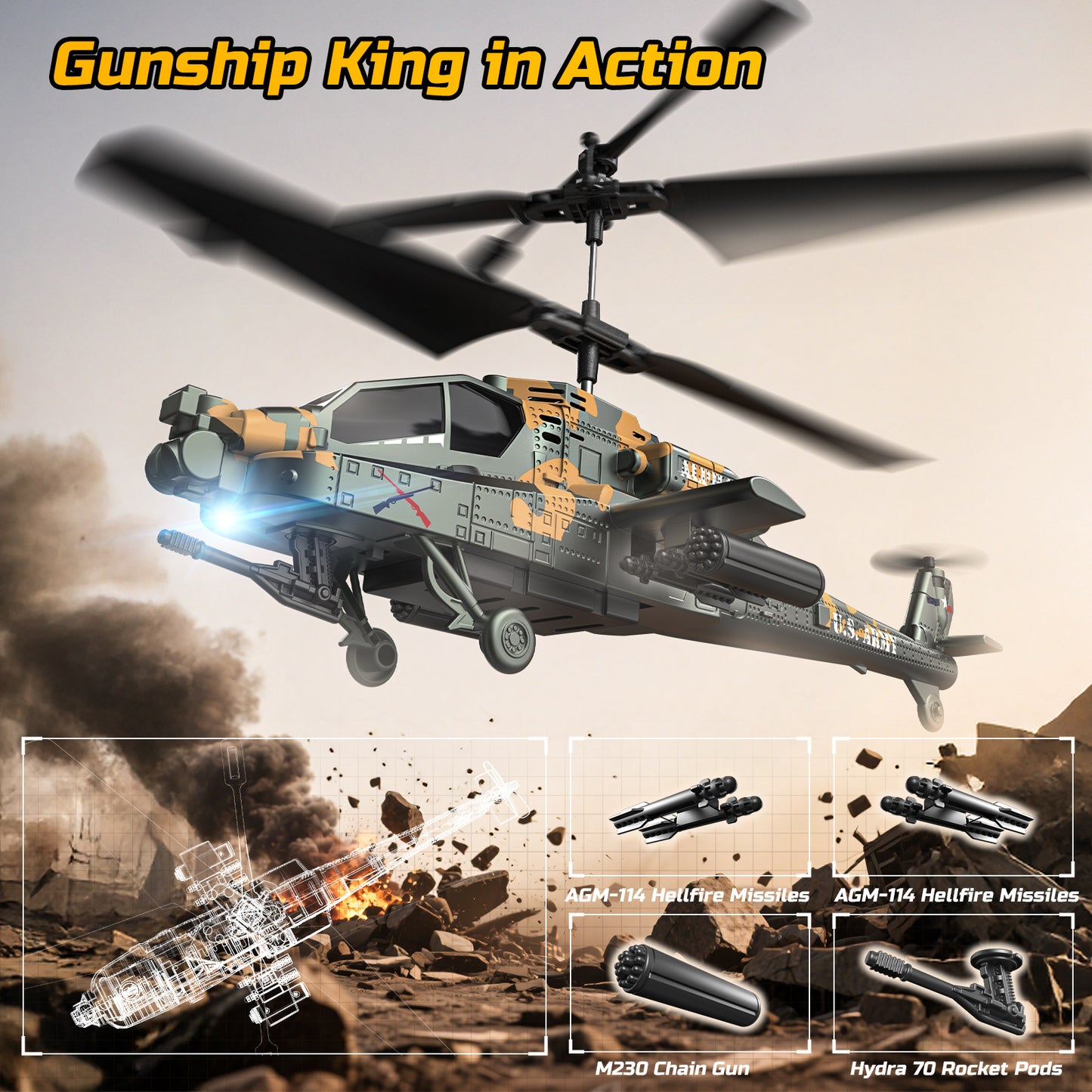 DEERC RC Helicopter for Adults, Apache Remote Control Helicopter for Kids 8-12, Toy Helicopters RC with LED Lights, 2 Batteries, Altitude Hold, 2.4GHz Military Style for Indoor, Ideal for Birthday