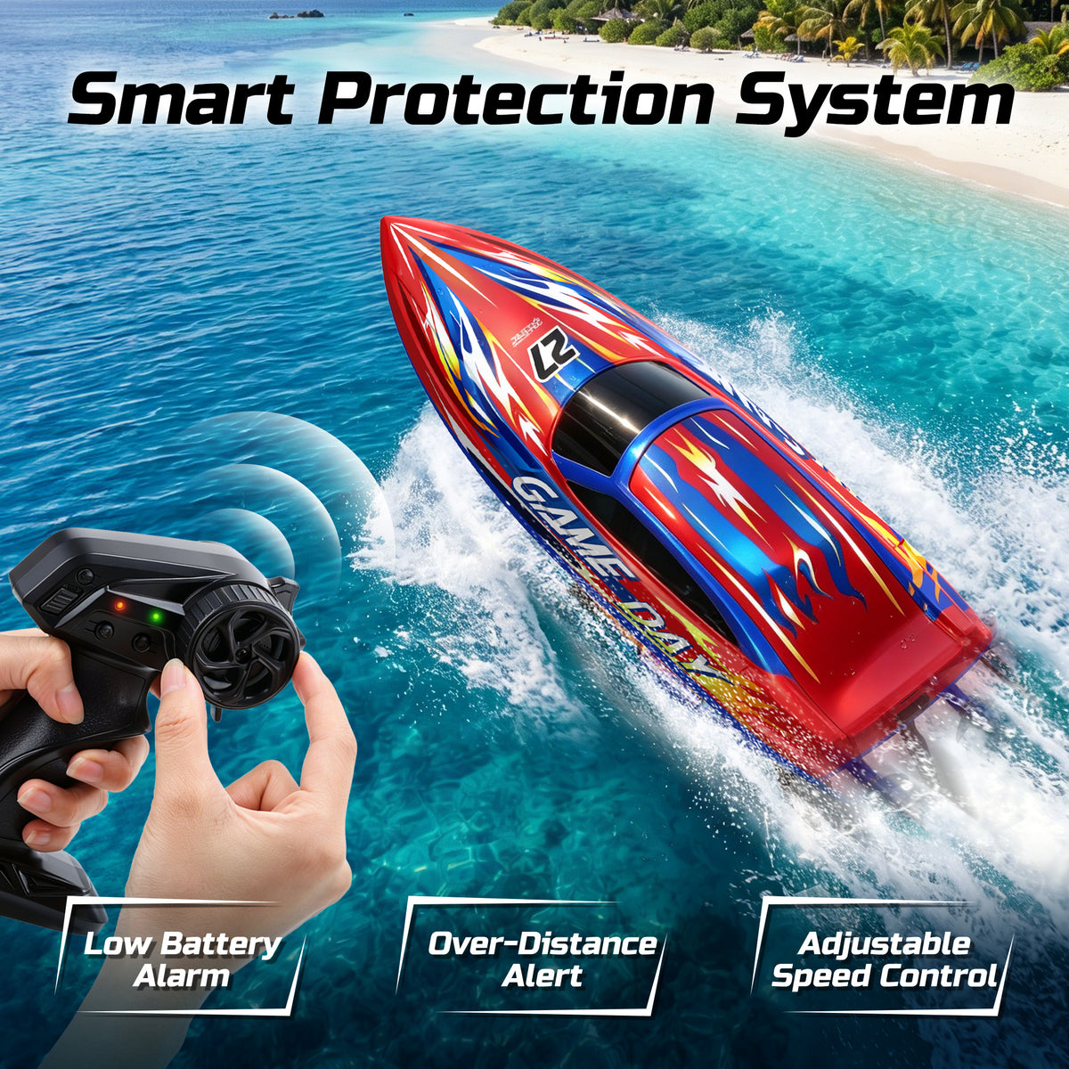 DEERC Fast RC Boat for Pool & Lake, 20+MPH, 40+ Mins, 7 LED Light Modes, Self Righting Remote Control Racing Speed Boat for Kids, 2.4Ghz Summer Water Toy Gift