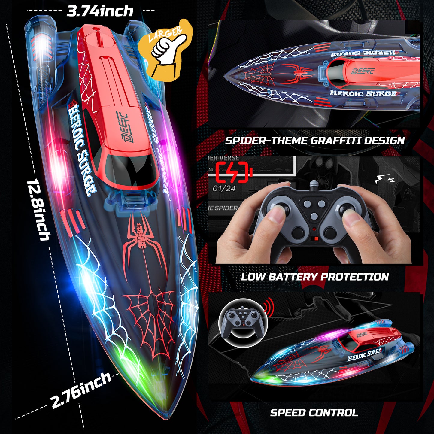 DEERC 13 inch Remote Control Boat for Kids, 2.4Ghz RC Spider Boat with LED Lights for Pools and Lakes, Summer Water Toy Gift for Boys 8-12, 2 Batteries