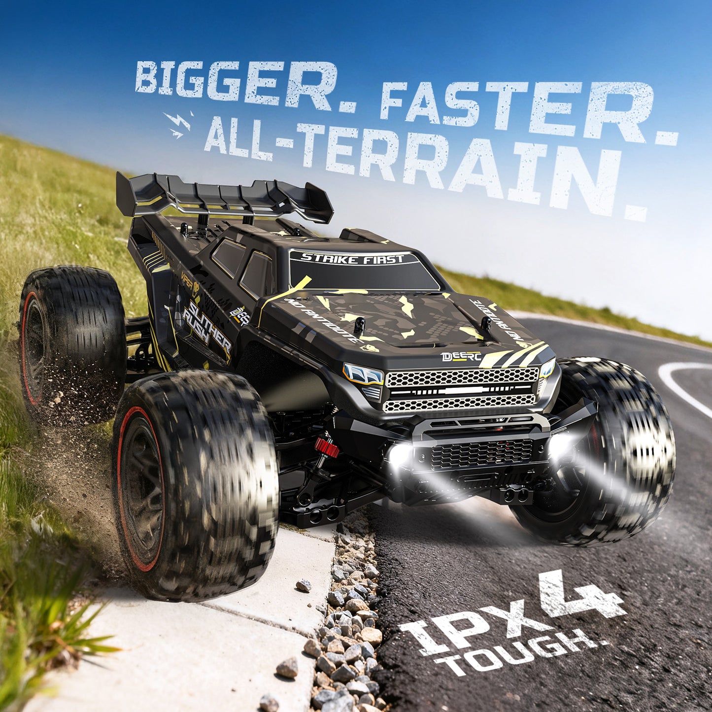 DEERC 209E 1:10 Fast Brushless RC Car for Adults & Boys, 60+ KMH High Speed 4WD Off-Road Remote Control Truck with 2 x 3S Batteries & Extra Swing Arms, Hobby Grade Racing Car, RC Crawler Gift