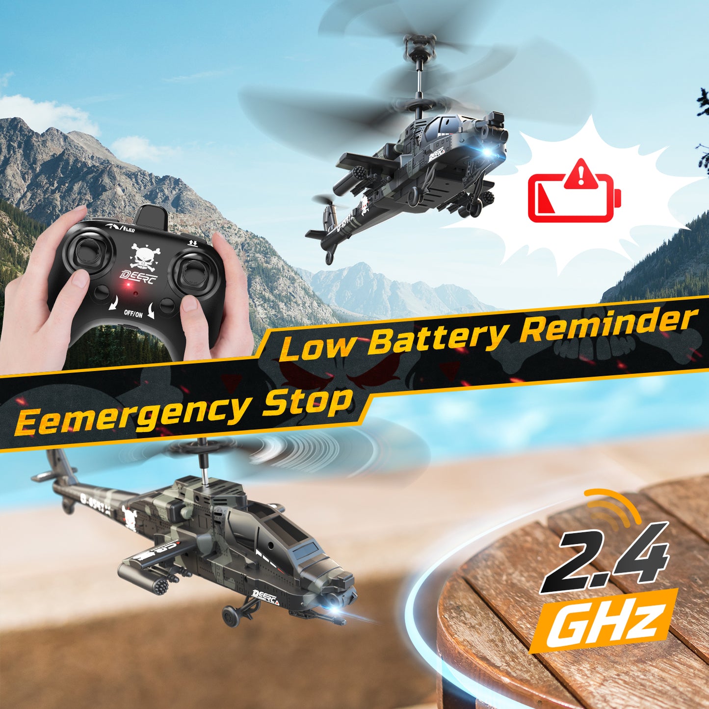 DEERC Apache RC Helicopter for Kids & Adults, Military Remote Control Helicopter Toy with LED Lights, 2 Batteries & USB-C Charging, 26 Mins Flight, Altitude Hold, Gift for Boys Ages 8-12