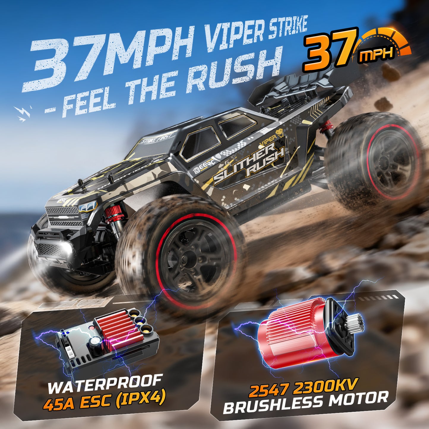 DEERC 209E 1:10 Fast Brushless RC Car for Adults & Boys, 60+ KMH High Speed 4WD Off-Road Remote Control Truck with 2 x 3S Batteries & Extra Swing Arms, Hobby Grade Racing Car, RC Crawler Gift