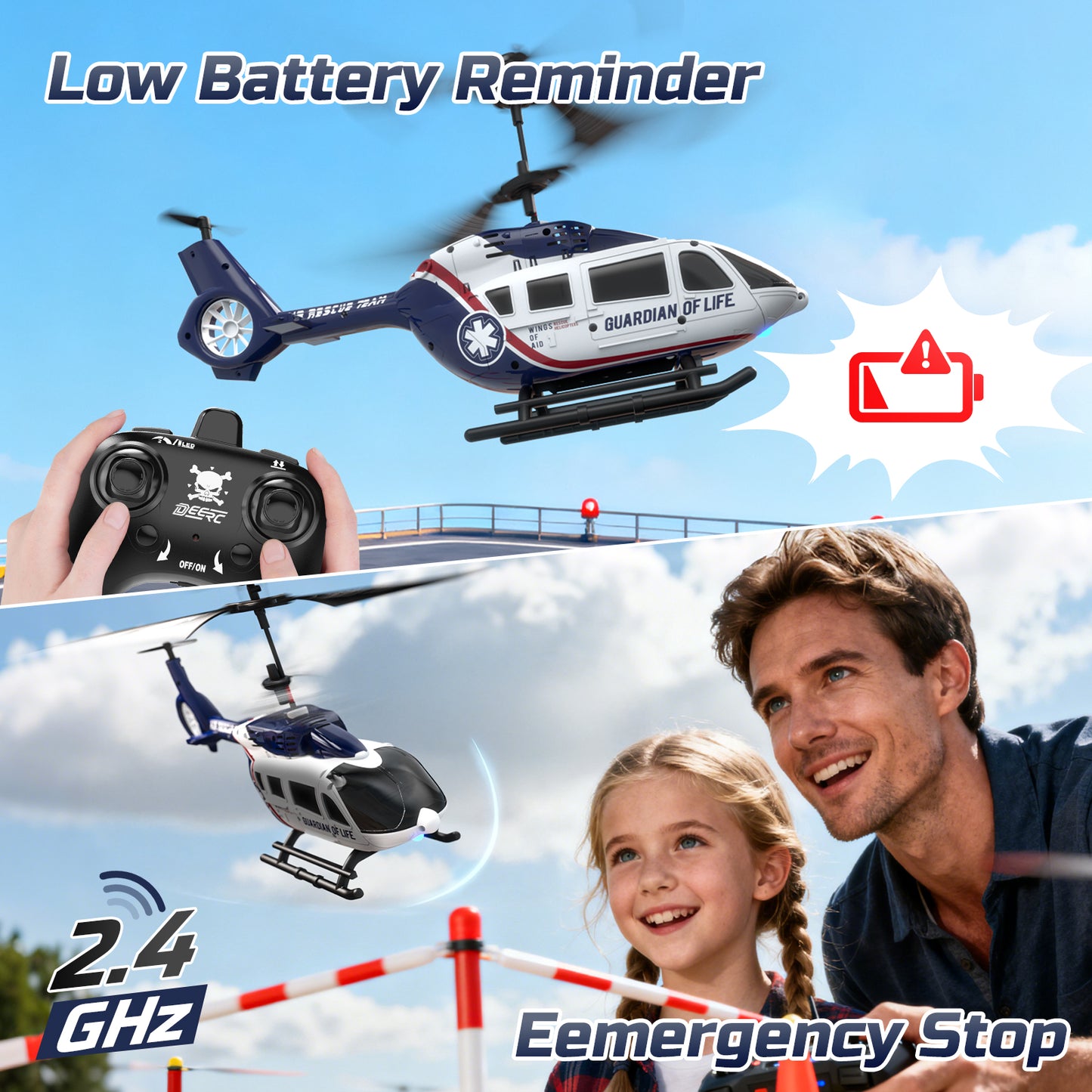DEERC RC Helicopter for Adults, Apache Remote Control Helicopter for Kids 8-12, Toy Helicopters RC with LED Lights, 2 Batteries, Altitude Hold, 2.4GHz Military Style for Indoor, Ideal for Birthday