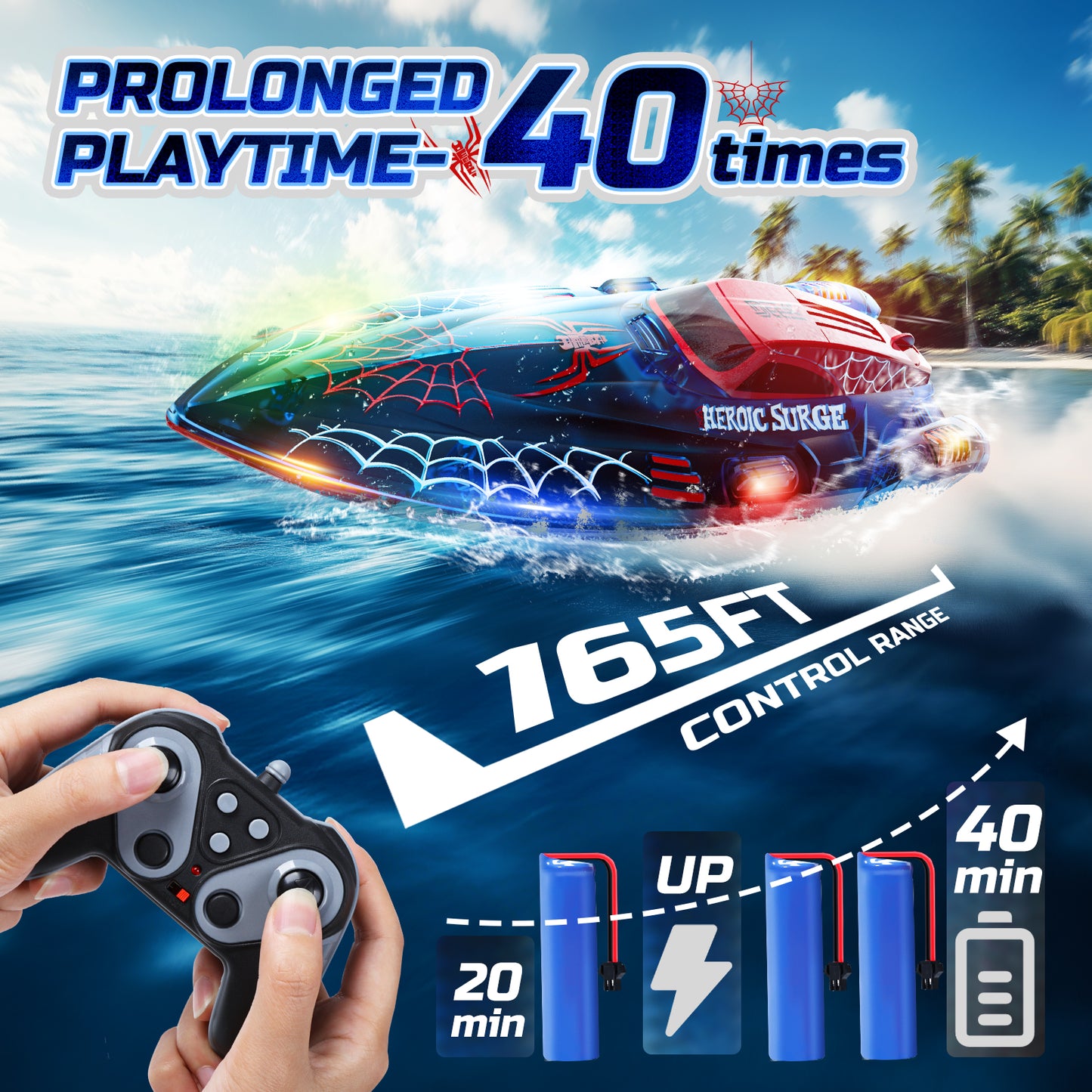 DEERC 13 inch Remote Control Boat for Kids, 2.4Ghz RC Spider Boat with LED Lights for Pools and Lakes, Summer Water Toy Gift for Boys 8-12, 2 Batteries