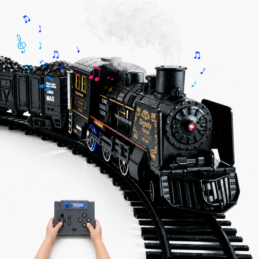 WeFone RC Electric Train Set for Kids , Steam Locomotive with Lights, 6.5M Track, Rechargeable Battery, Cargo Cars, Railway Signs & Traffic Lights, Gift for Boys and Girls