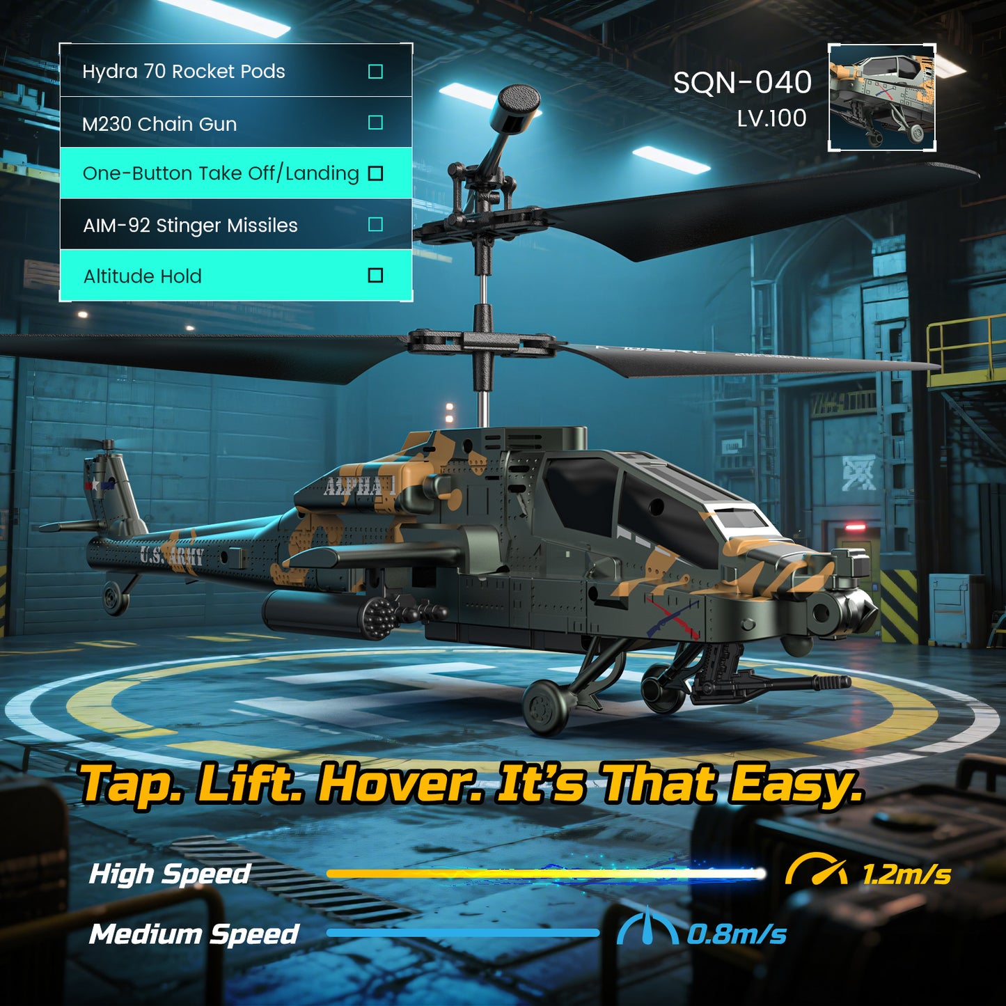 DEERC RC Helicopter for Adults, Apache Remote Control Helicopter for Kids 8-12, Toy Helicopters RC with LED Lights, 2 Batteries, Altitude Hold, 2.4GHz Military Style for Indoor, Ideal for Birthday