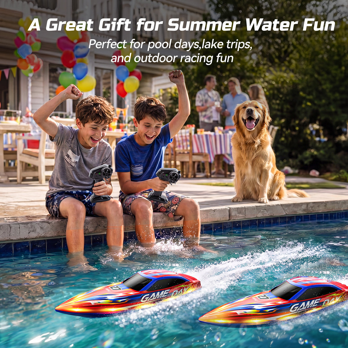 DEERC Fast RC Boat for Pool & Lake, 20+MPH, 40+ Mins, 7 LED Light Modes, Self Righting Remote Control Racing Speed Boat for Kids, 2.4Ghz Summer Water Toy Gift