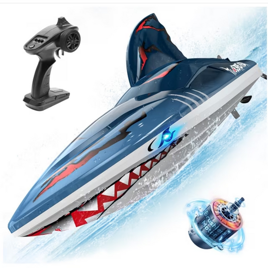 DEERC Fast Brushless RC Shark Boat for Adults, 30+MPH 3S High Speed Remote Control Boat, Self-righting 2.4Ghz Speed Boat with LED Lights, Summer Toy Gift for Kids