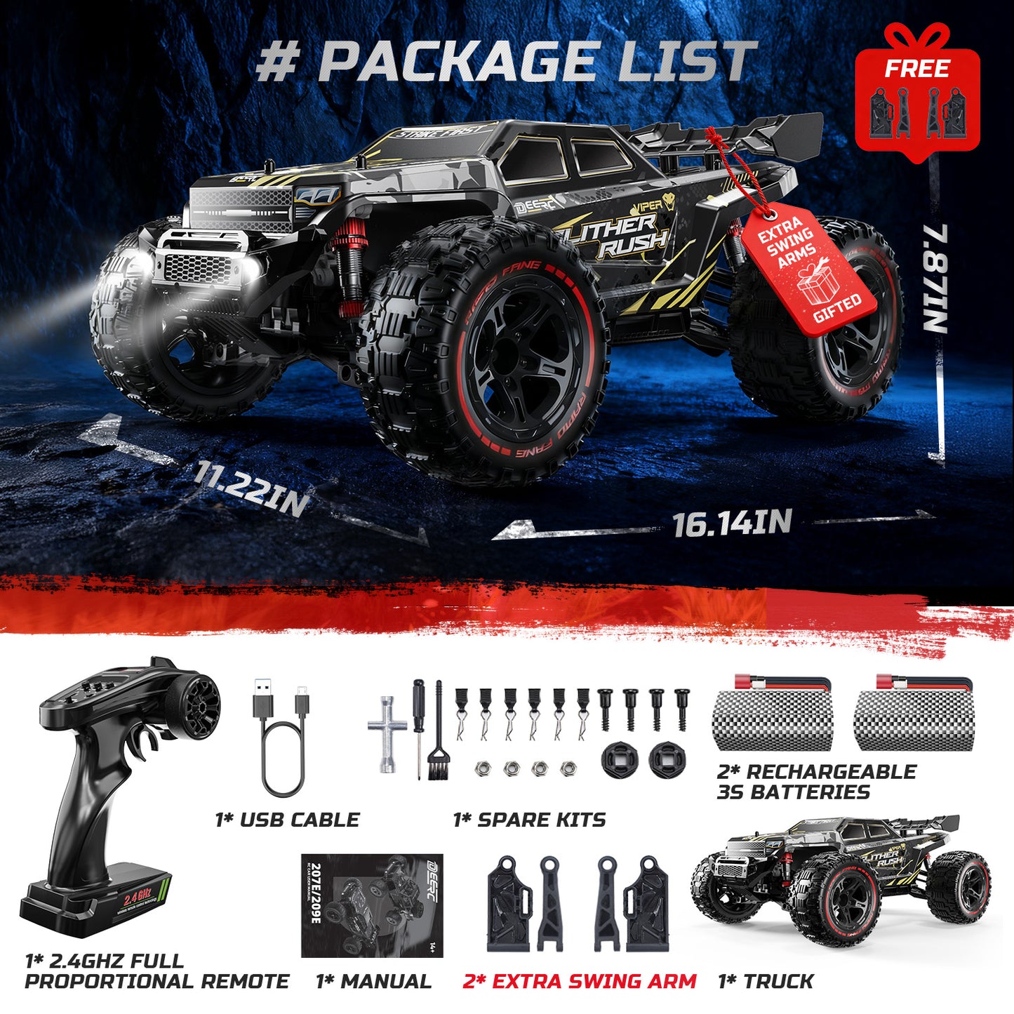 DEERC 209E 1:10 Fast Brushless RC Car for Adults & Boys, 60+ KMH High Speed 4WD Off-Road Remote Control Truck with 2 x 3S Batteries & Extra Swing Arms, Hobby Grade Racing Car, RC Crawler Gift