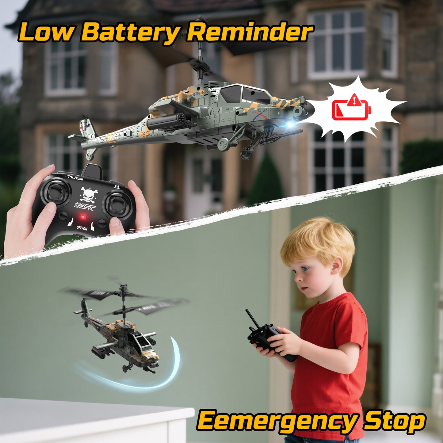 DEERC RC Helicopter for Adults, Apache Remote Control Helicopter for Kids 8-12, Toy Helicopters RC with LED Lights, 2 Batteries, Altitude Hold, 2.4GHz Military Style for Indoor, Ideal for Birthday