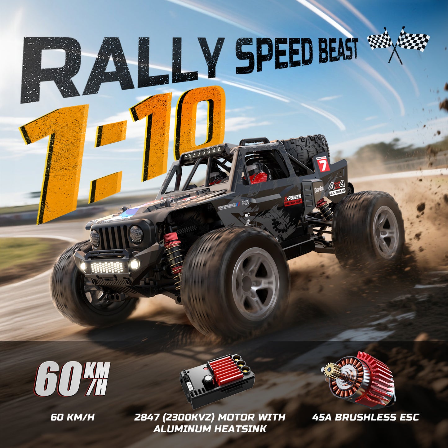 DEERC 1/10 Brushless RC Car for Adults, 60 KMH 4x4 3S Fast RC Trophy Truck with Spare Tire, Waterproof Off-Road Remote Control Monster Truck, All Terrain High Speed RC Car Gift for Boys