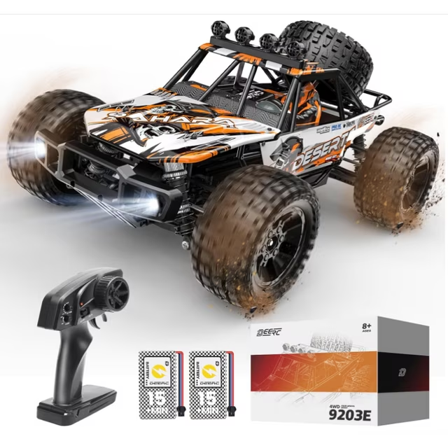 DEERC 1:10 Scale RC Car for Adults & Boys, 48KM/H Speed 4X4 Hobby RC Monster Truck with Lights, 2 Rechargeable Batteries, 2.4 GHz All Terrain Remote Control Car Toys for 30mins Fun