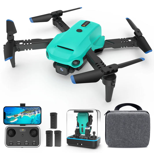 DEERC Drone with Camera for Adults and Kids DC10, FPV RC Drone with Real-Time Transmission, Optical Flow Sensor and 3 Batteries - Greenish-Blue