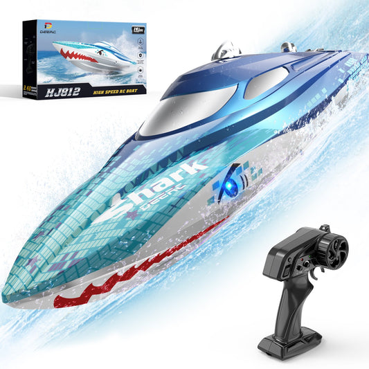 DEERC Full Proportional Remote Control Boat with LED Lights, Shark Graffiti, 20+ MPH,2.4GHz High Speed RC Racing Boats for Lakes,Pool Toys for Kids & Adults