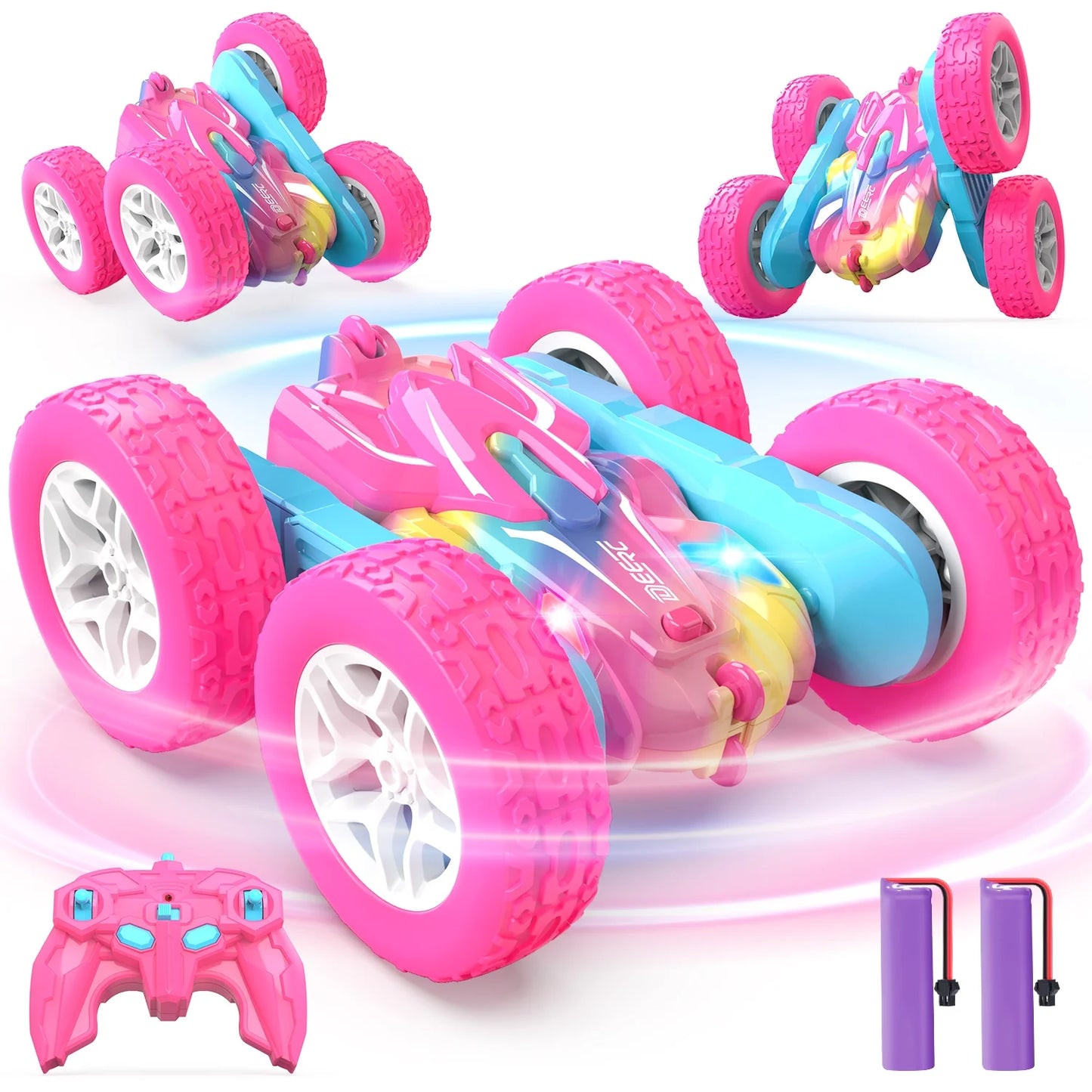 DEERC Rainbow Edition Remote Control Car for Girls, 2.4GHz Double Sided RC Car with 360° Rotation, LED Headlights, All Terrain Off-Road Stunt RC Truck, Birthday Gifts for Girls Aged 6-8