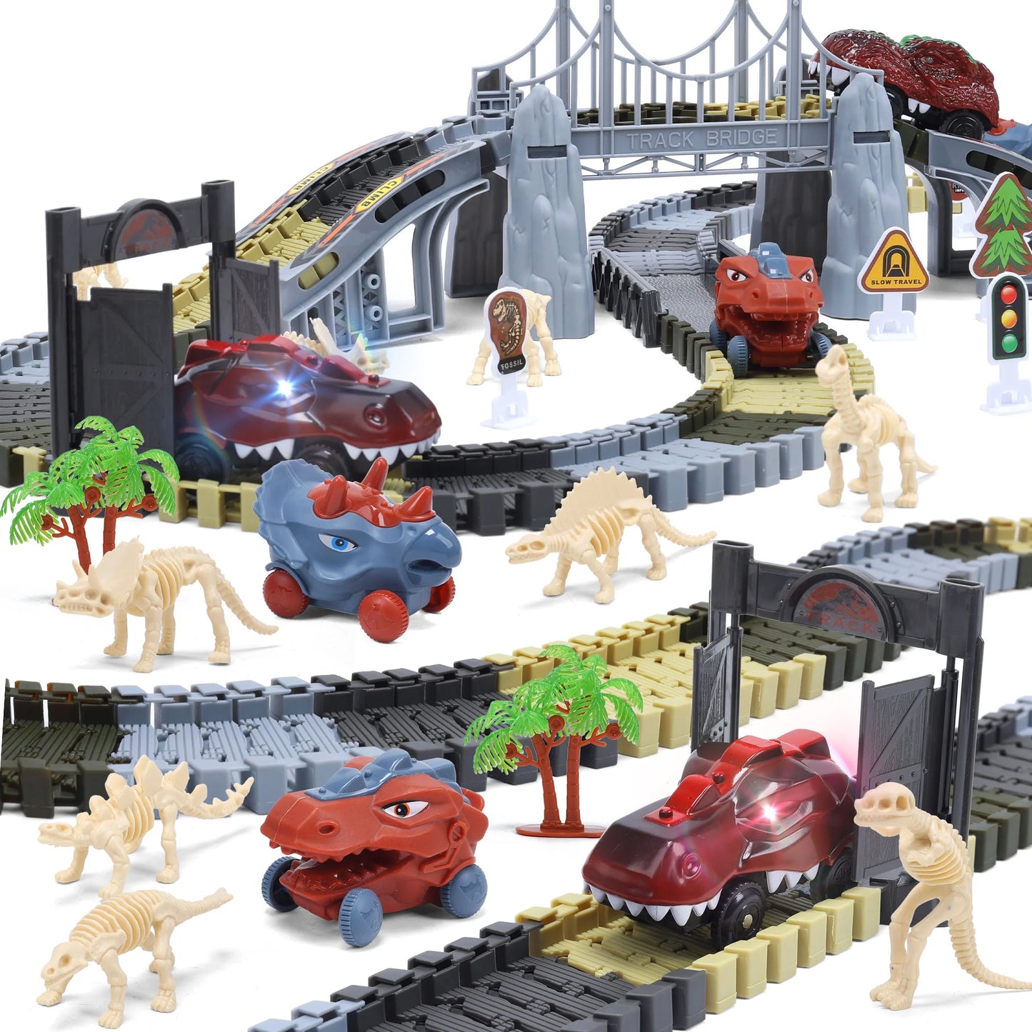 Dinosaur Toy Children's Racing Track Set, 169 pieces Racing Track Set Car Game Set Dinosaur World Road Toy 3-year-old Boys Elastic Track Game Set+Best Christmas Gift