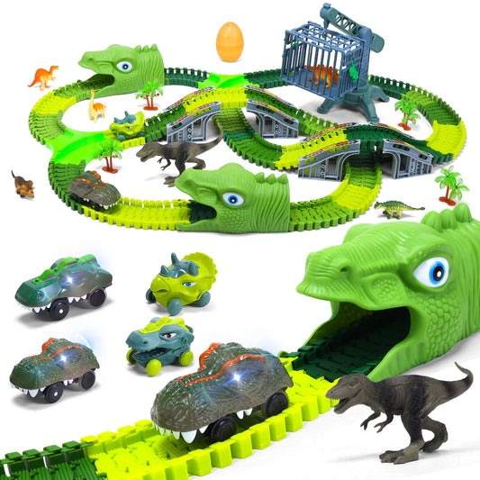 Dinosaur Toys, 277 PCS Flexible Race Track Playset for Kids, STEM Building Road Train Toys Set with Dino Cars Trucks, Best Birthday Gifts for Boys Girls Toddlers