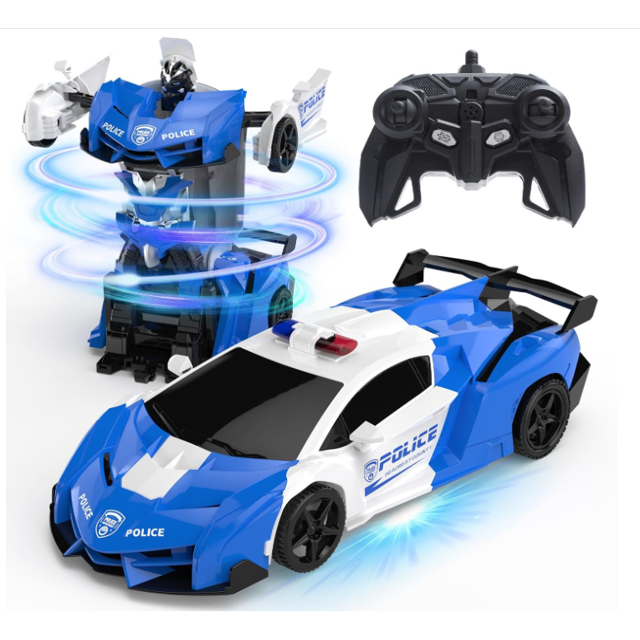 DEERC Transform Remote Control Car,2.4GHz Robot RC Cars,1:18 Scale Police Car Toy One-Button Deformation & 360° Rotating Drifting for Kids Boys Age 4-7 8-12 Birthday Xmas Gift