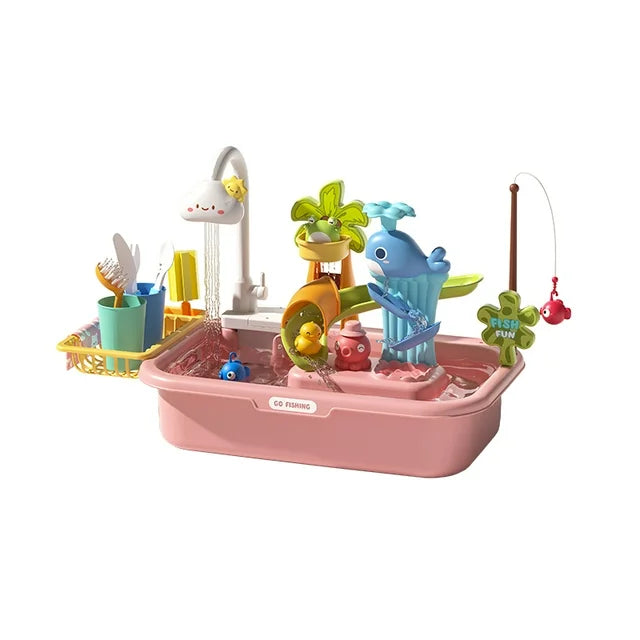 Kids Kitchen Sink Toys, Children Electric Dishwasher Playing Set , Upgraded Faucet, Pool Floating Fishing Toys and Automatic Water Cycle System, Pretend Role Play Toys for Boys Girls, Pink