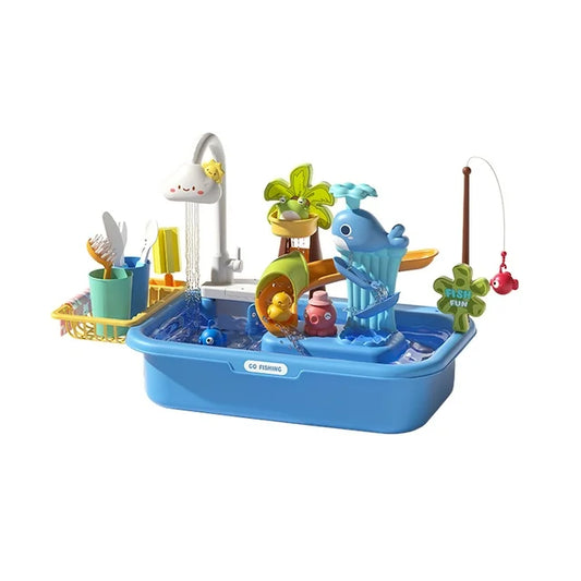 Kids Kitchen Sink Toys, Children Pretend Play Electric Dishwasher Set, Upgraded Faucet, Pool Floating Fishing Toys and Automatic Water Cycle System, Water Table Toys for Kids Boys Girls Toddlers, Blue