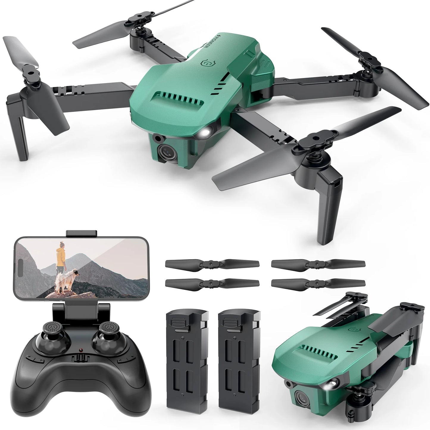 RC Drone with 4K Dual HD Camera for Kids Beginners Remote Control Qudcopter with Optical Flow Positioning Great Gift for Children Play Outdoor 2 Batteries Color Green