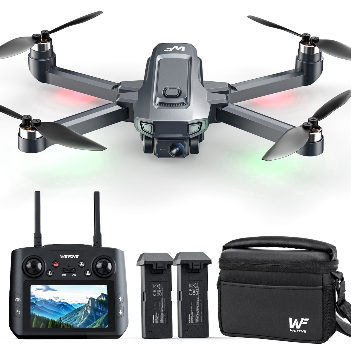 Drones with Camera for Adults 4K, GPS Foldable Wefone WF33 with 4.5" Screen on Remote, 8GB Card, Under 249g, Brushless Motor, 2 Batteries, Gray