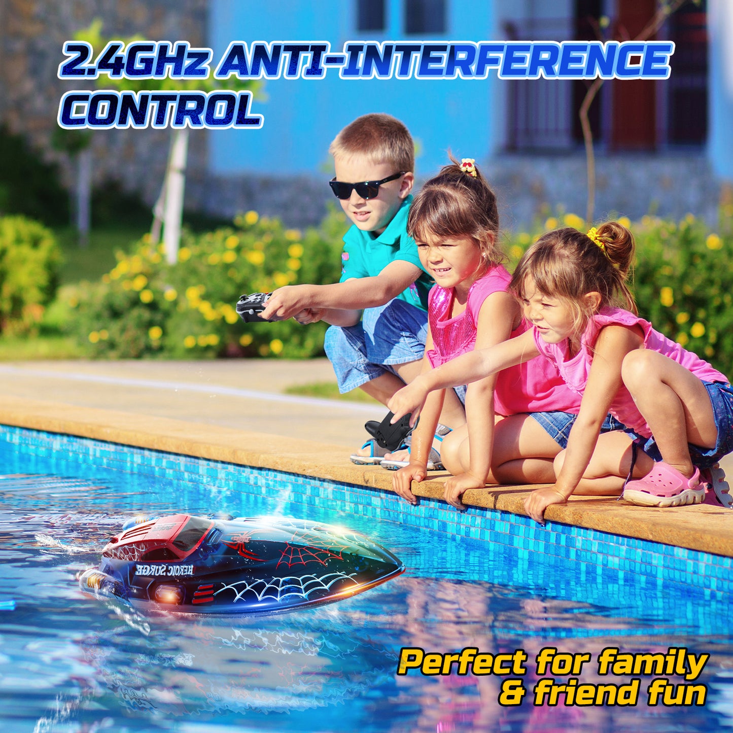 DEERC 13 inch Remote Control Boat for Kids, 2.4Ghz RC Spider Boat with LED Lights for Pools and Lakes, Summer Water Toy Gift for Boys 8-12, 2 Batteries