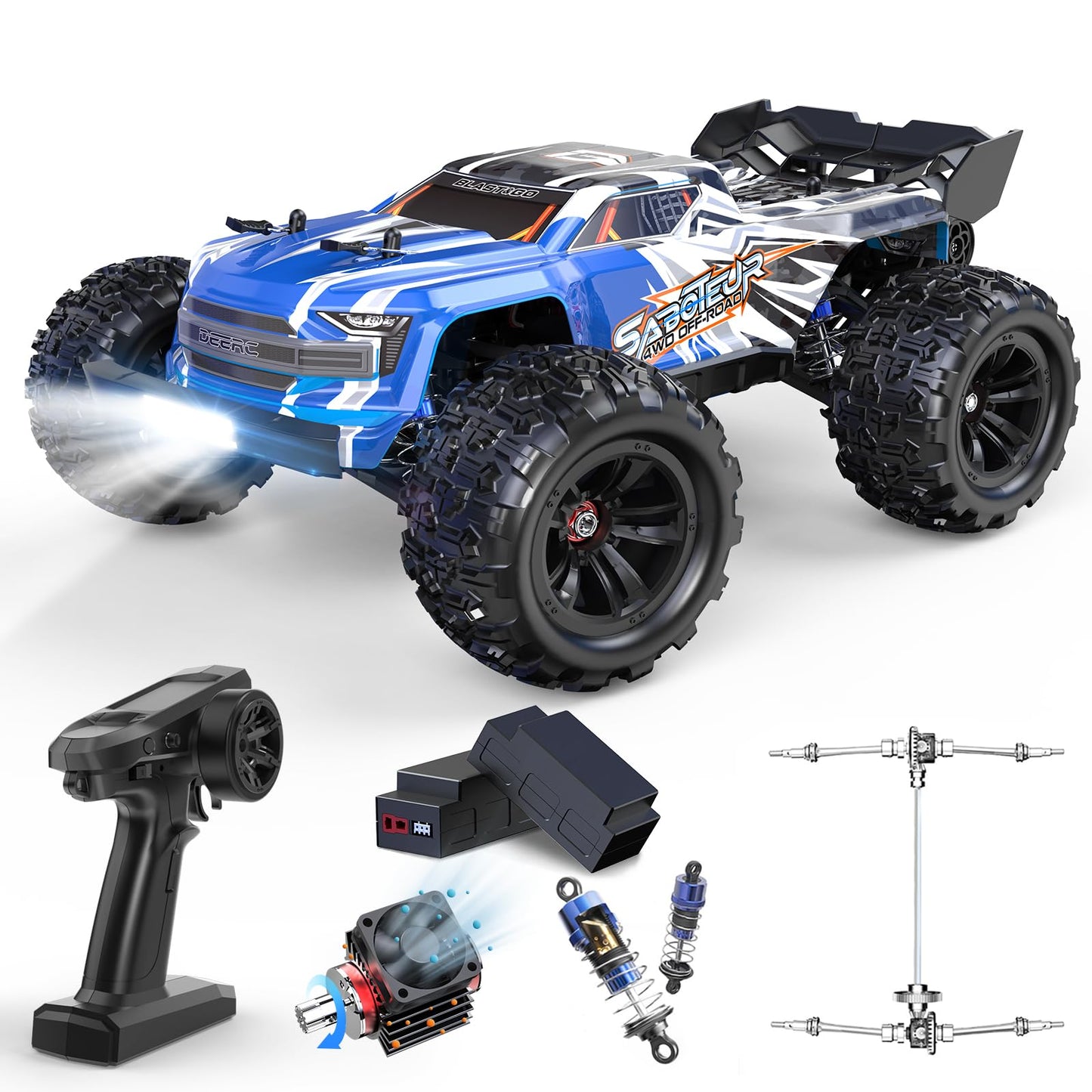 DEERC H16E Brushless Extreme High Speed RC Monster Truck, Max 70kph, 1:16 4X4 RTR Fast RC Cars for Adults, All Terrains Off Road Hobby Electric Vehicle Gift for Boys, 2 Li-po Batteries