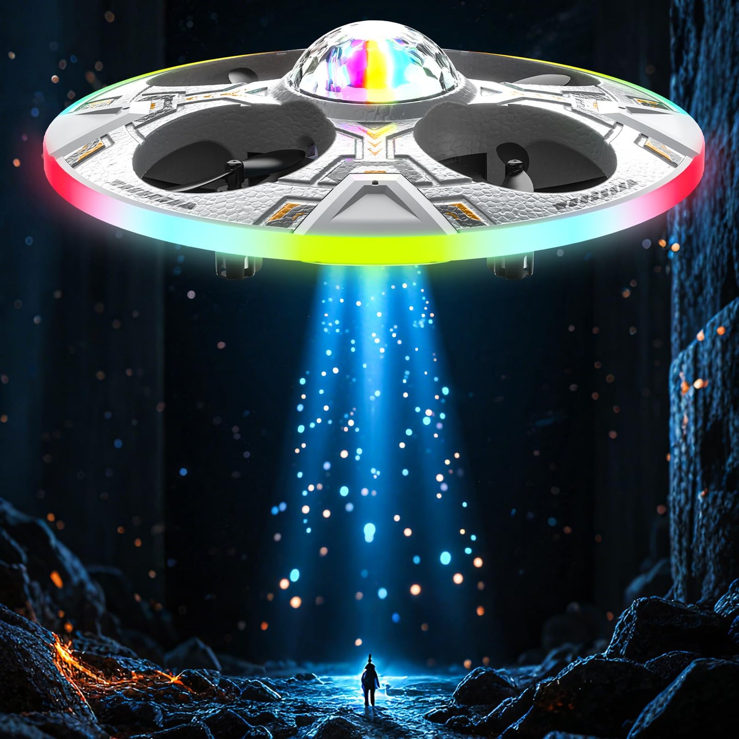 Foam UFO Drone for Kids–RC Plane with Colorful LED Lights, Remote Control Helicopter with Auto Hover, 2 Batteries (15 Mins Flight)