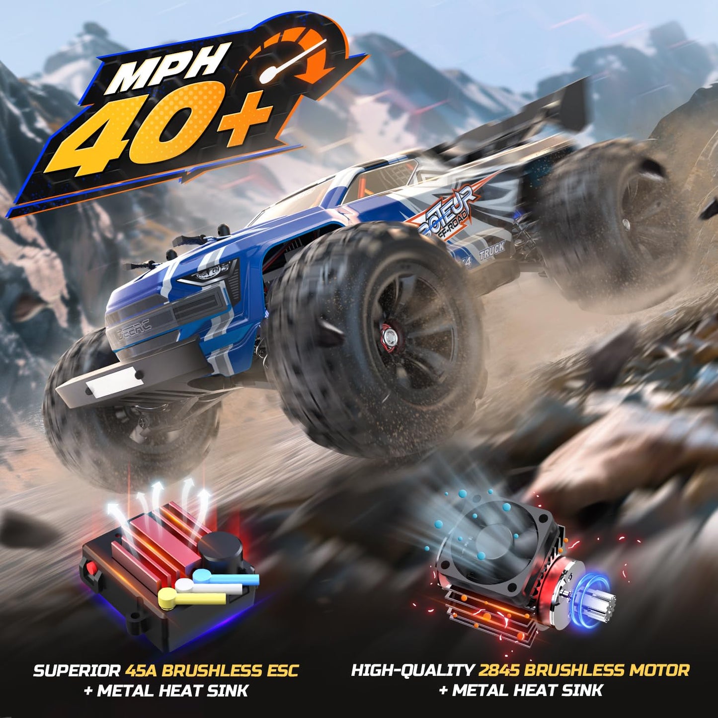 DEERC H16E Brushless Extreme High Speed RC Monster Truck, Max 70kph, 1:16 4X4 RTR Fast RC Cars for Adults, All Terrains Off Road Hobby Electric Vehicle Gift for Boys, 2 Li-po Batteries