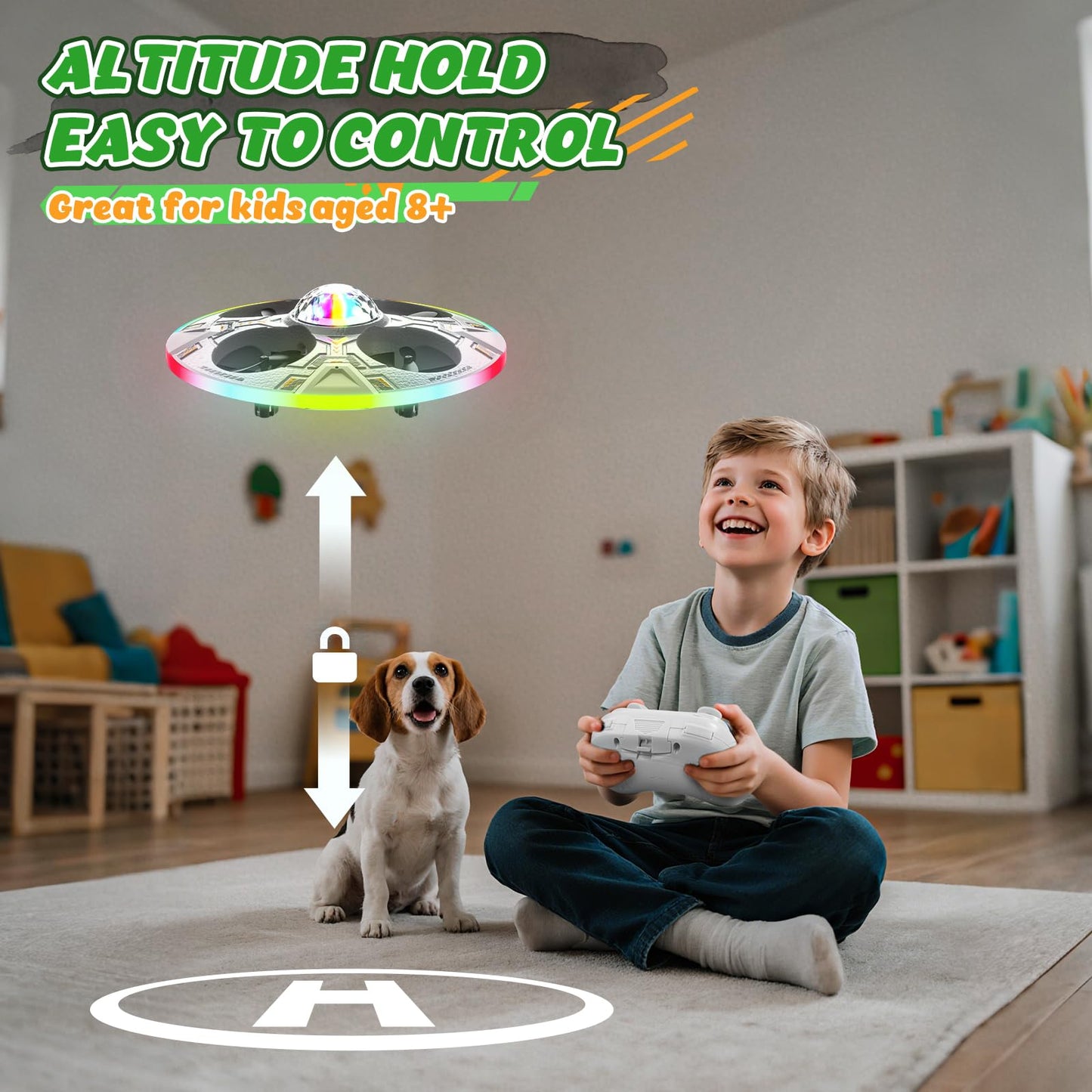 Foam UFO Drone for Kids–RC Plane with Colorful LED Lights, Remote Control Helicopter with Auto Hover, 2 Batteries (15 Mins Flight)