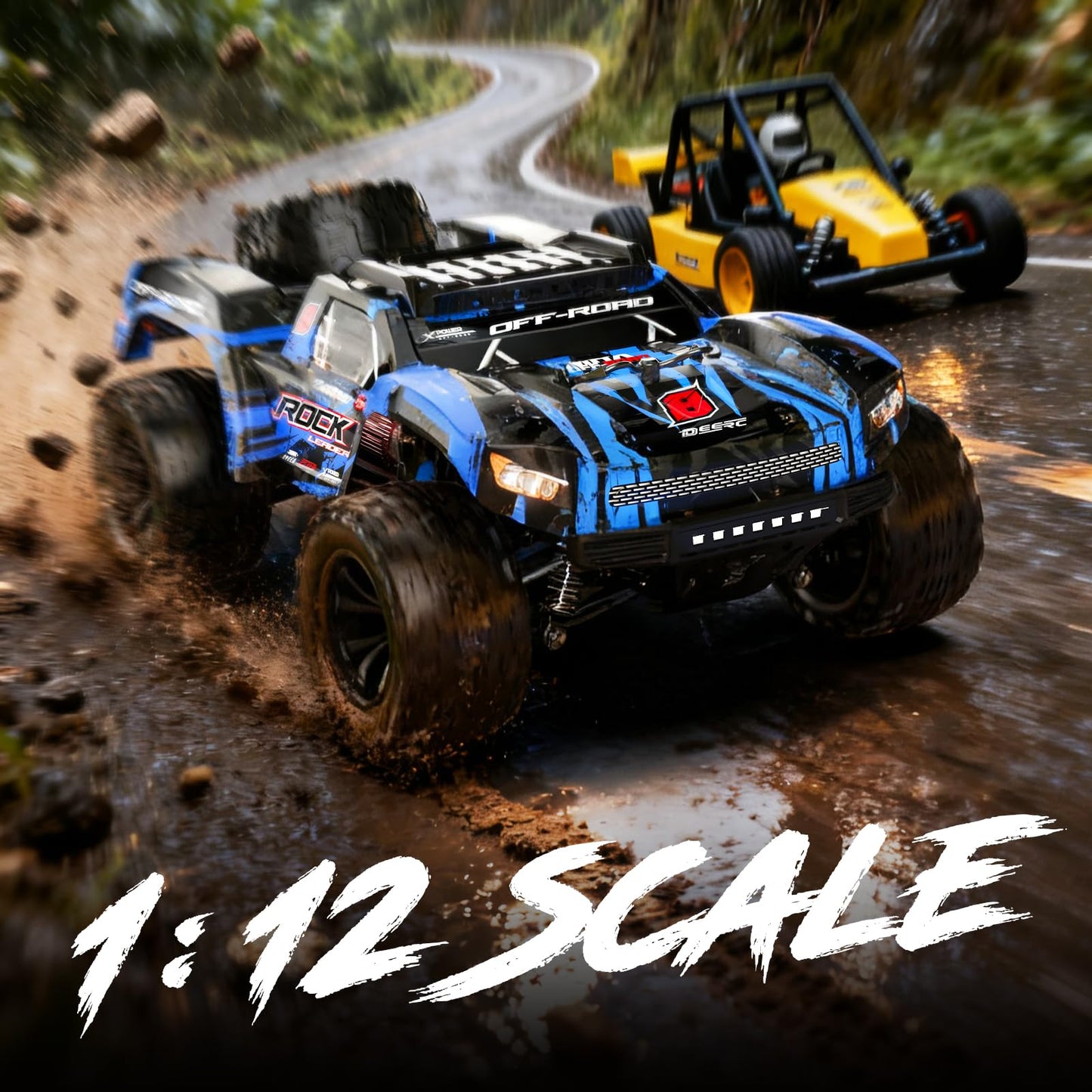 DEERC 1/12 RC Cars 45KPH, 4WD High Speed Short Course RC Truck, Off-Road All Terrain Remote Control Car with 2 Rechargeable Batteries & Spare Tire, 2.4GHz Fast RC Cars for Adults Kids Boys Gift