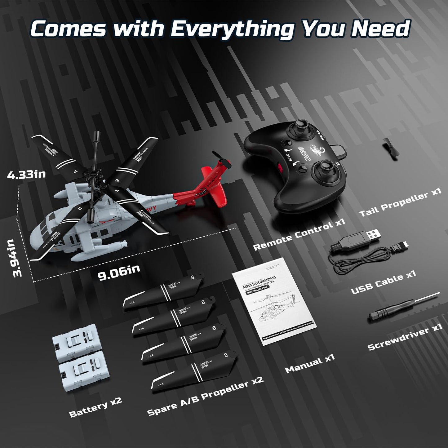 DEERC Black Hawk RC Helicopter for Kids, 2.4GHz Remote Control Helicopter for Adults, 26 Mins Flight, LED Lights, Altitude Hold, One-Key Take Off, Indoor Friendly, Helicopters Toy for Boys 8-12 Boys