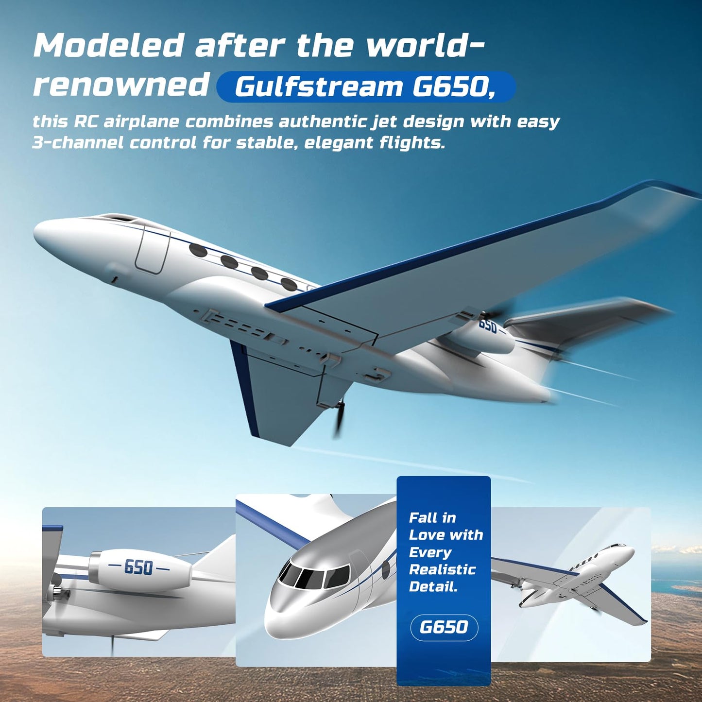 DEERC G650 RC Plane Private Jet,3-CH Remote Control Airplane Toys,2.4GHz 6-axis Gyro Stabilizer RTF Hobby Glider Aircraft Plane Easy to Fly for Beginners Kids Adults
