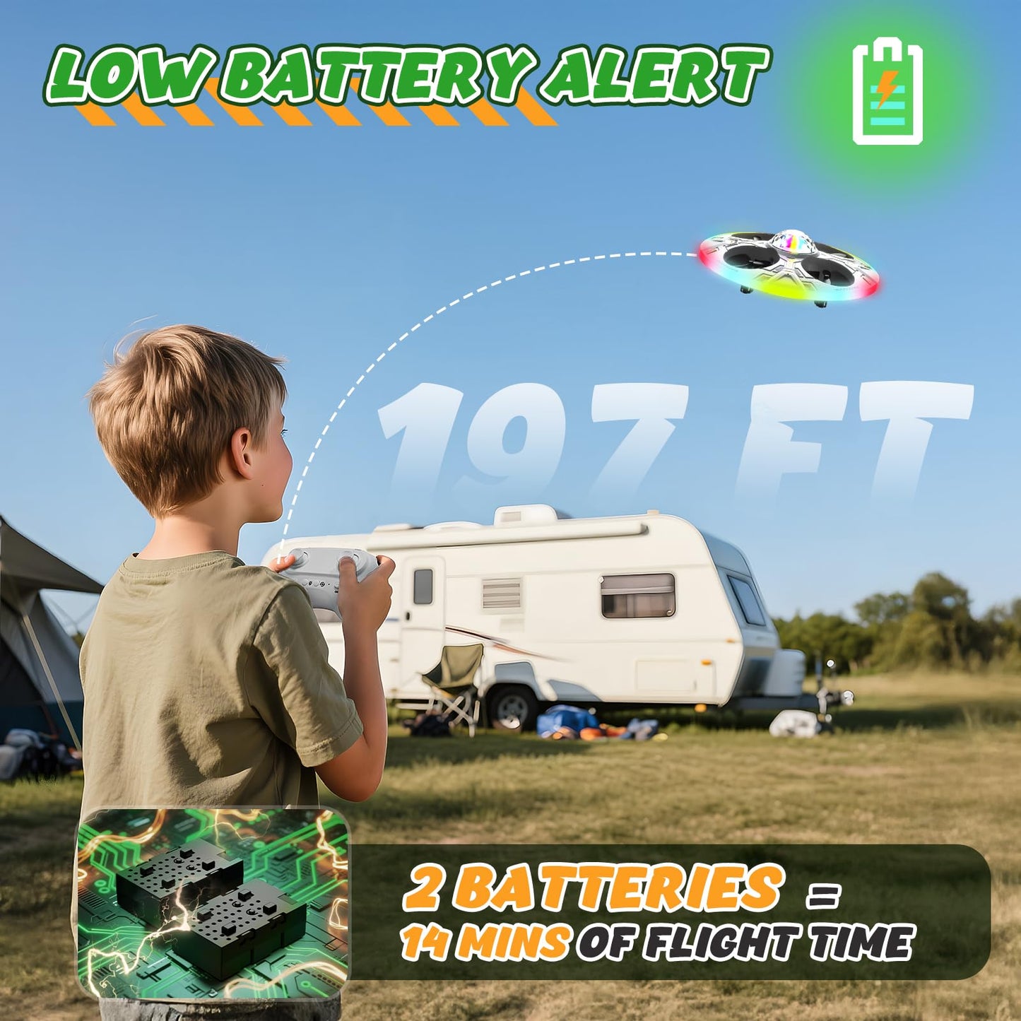 Foam UFO Drone for Kids–RC Plane with Colorful LED Lights, Remote Control Helicopter with Auto Hover, 2 Batteries (15 Mins Flight)