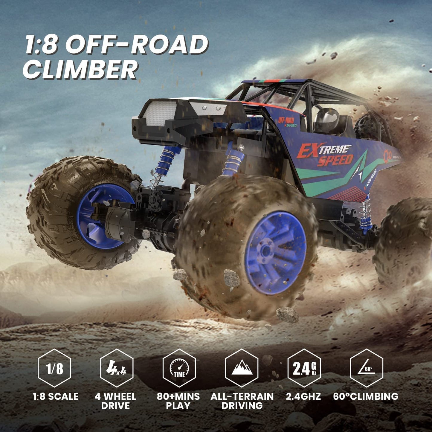 DEERC Large 1:8 Scale Upgraded Monster Truck Remote Control Car for Adults Boys, Off Road RC Cars with Realistic Sound, 2.4Ghz 4WD Rock Crawler Toy All Terrain Climbing, 2 Batteries for 80 Min Play