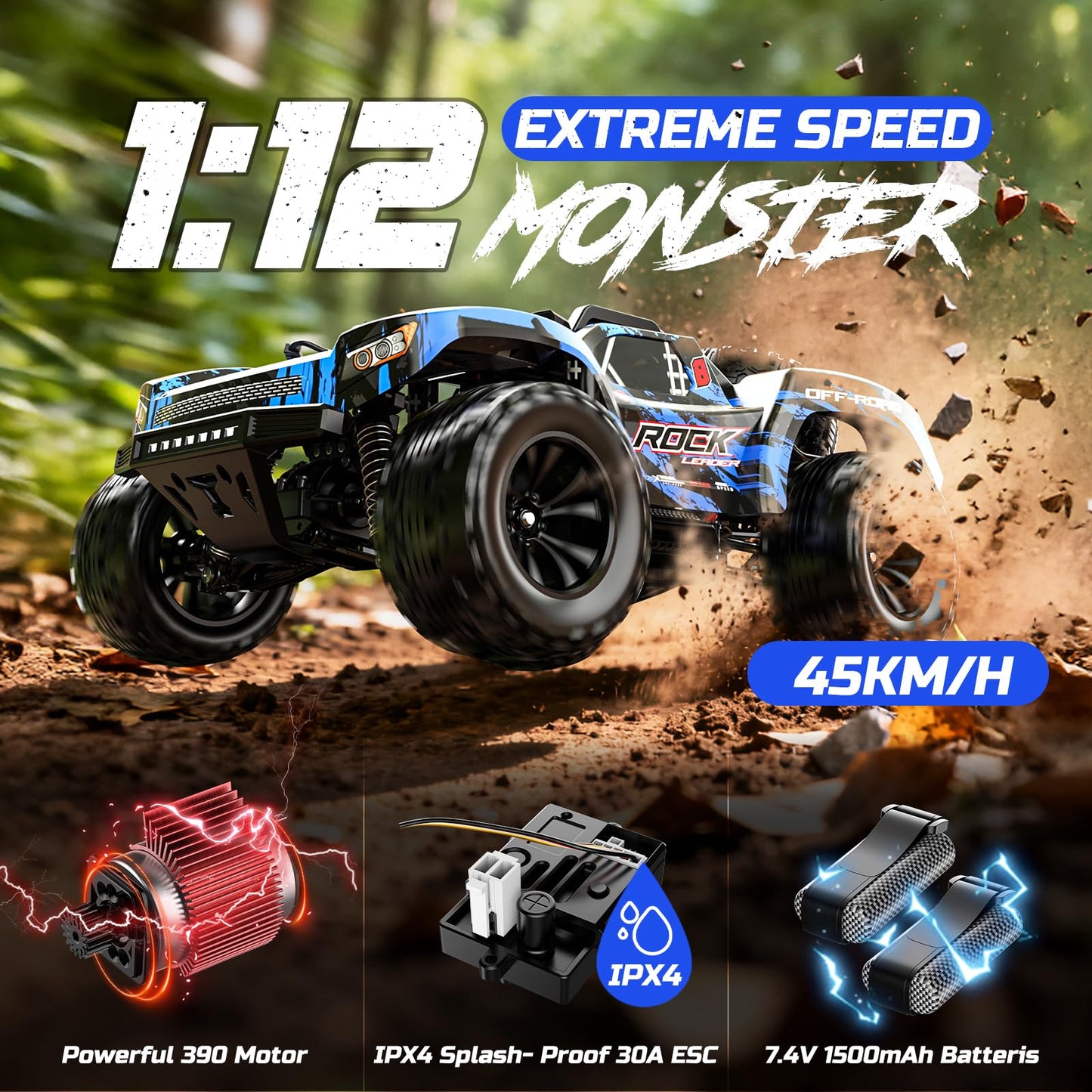 DEERC 1/12 RC Cars 45KPH, 4WD High Speed Short Course RC Truck, Off-Road All Terrain Remote Control Car with 2 Rechargeable Batteries & Spare Tire, 2.4GHz Fast RC Cars for Adults Kids Boys Gift