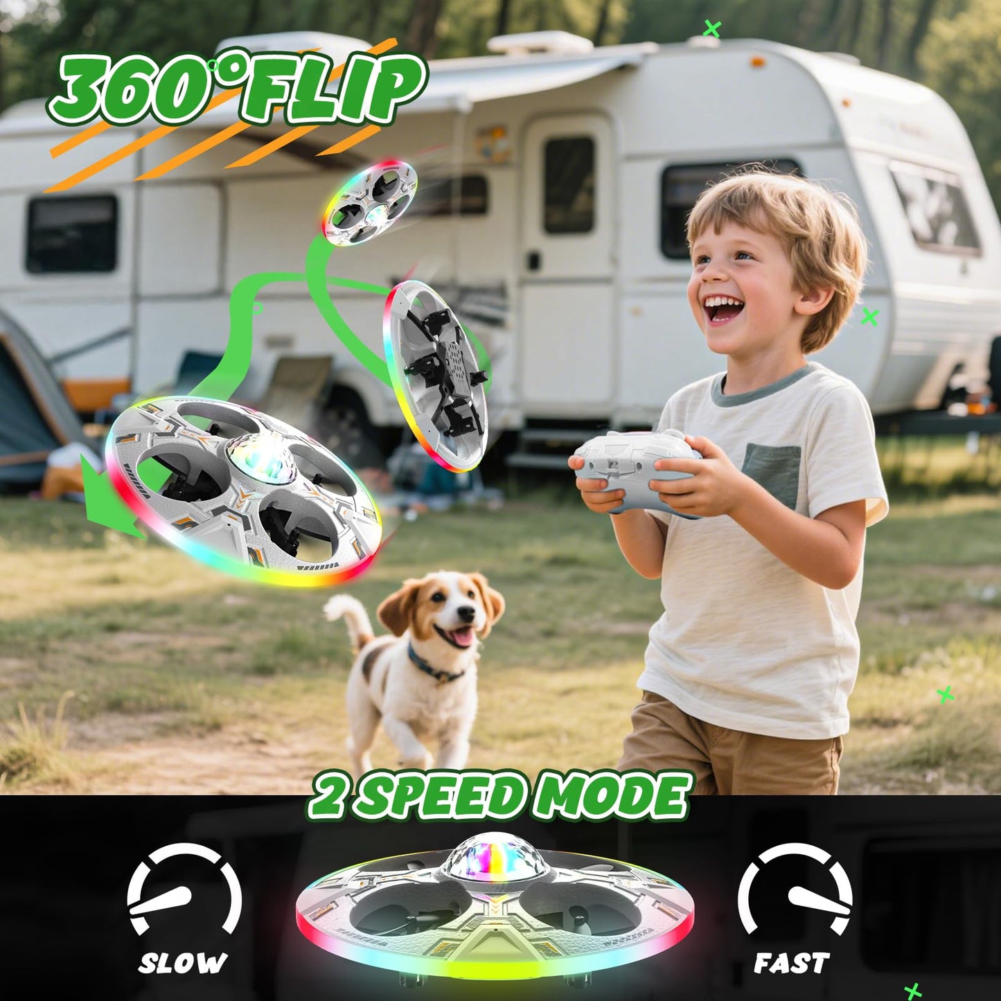 Foam UFO Drone for Kids–RC Plane with Colorful LED Lights, Remote Control Helicopter with Auto Hover, 2 Batteries (15 Mins Flight)