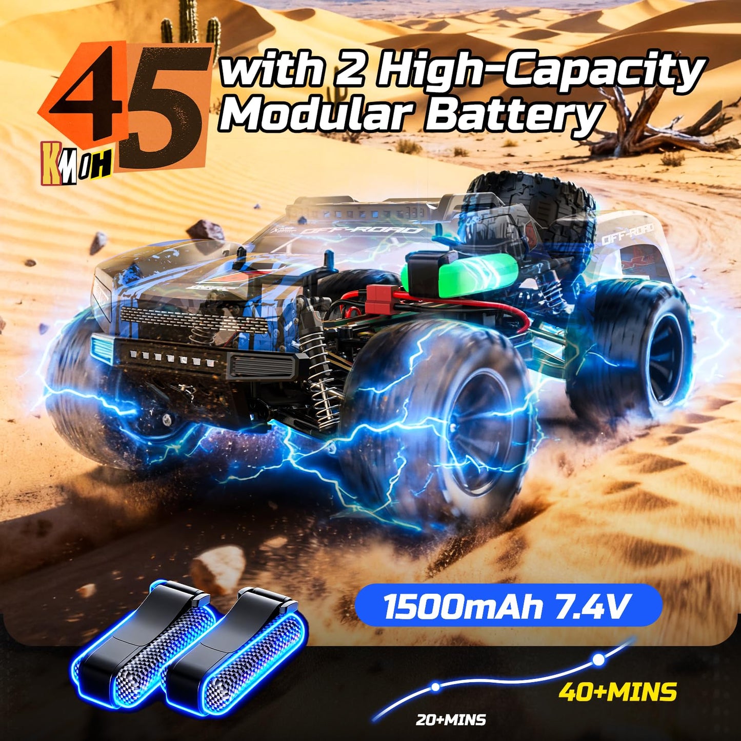 DEERC 1/12 RC Cars 45KPH, 4WD High Speed Short Course RC Truck, Off-Road All Terrain Remote Control Car with 2 Rechargeable Batteries & Spare Tire, 2.4GHz Fast RC Cars for Adults Kids Boys Gift