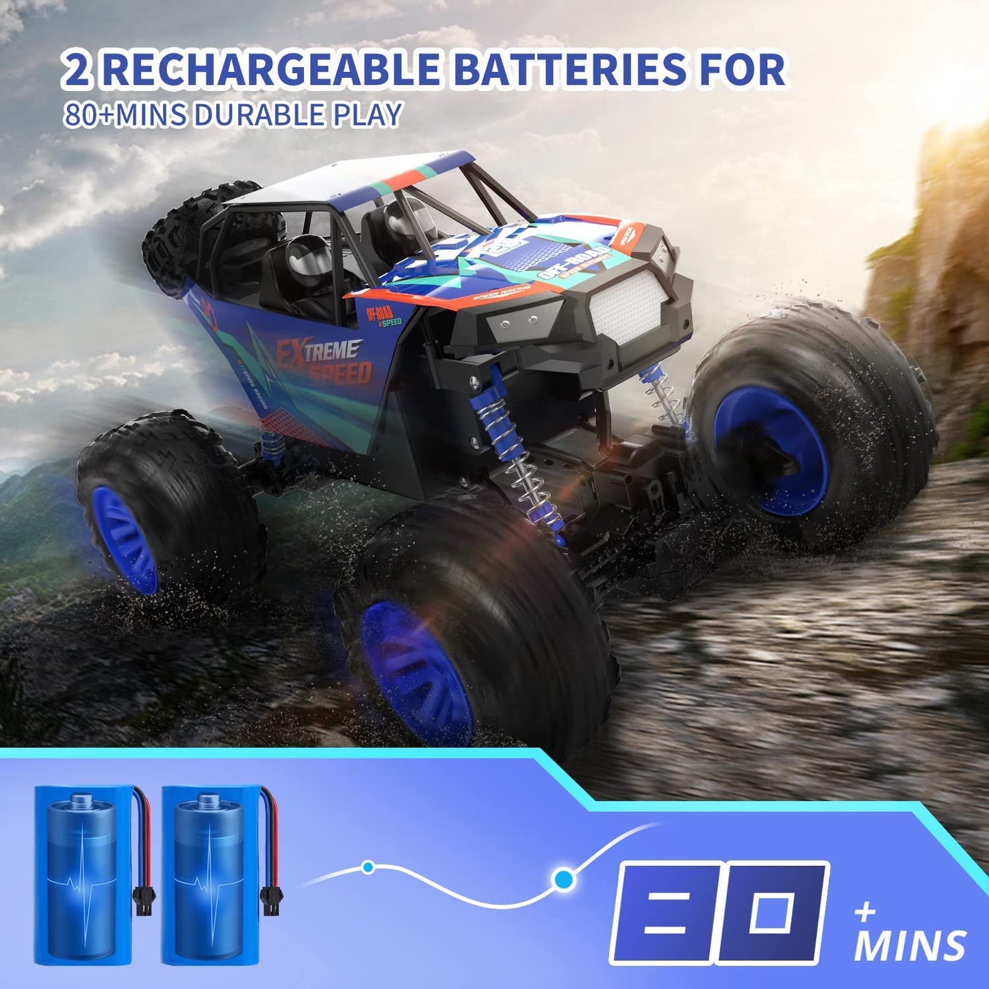 DEERC Large 1:8 Scale Upgraded Monster Truck Remote Control Car for Adults Boys, Off Road RC Cars with Realistic Sound, 2.4Ghz 4WD Rock Crawler Toy All Terrain Climbing, 2 Batteries for 80 Min Play