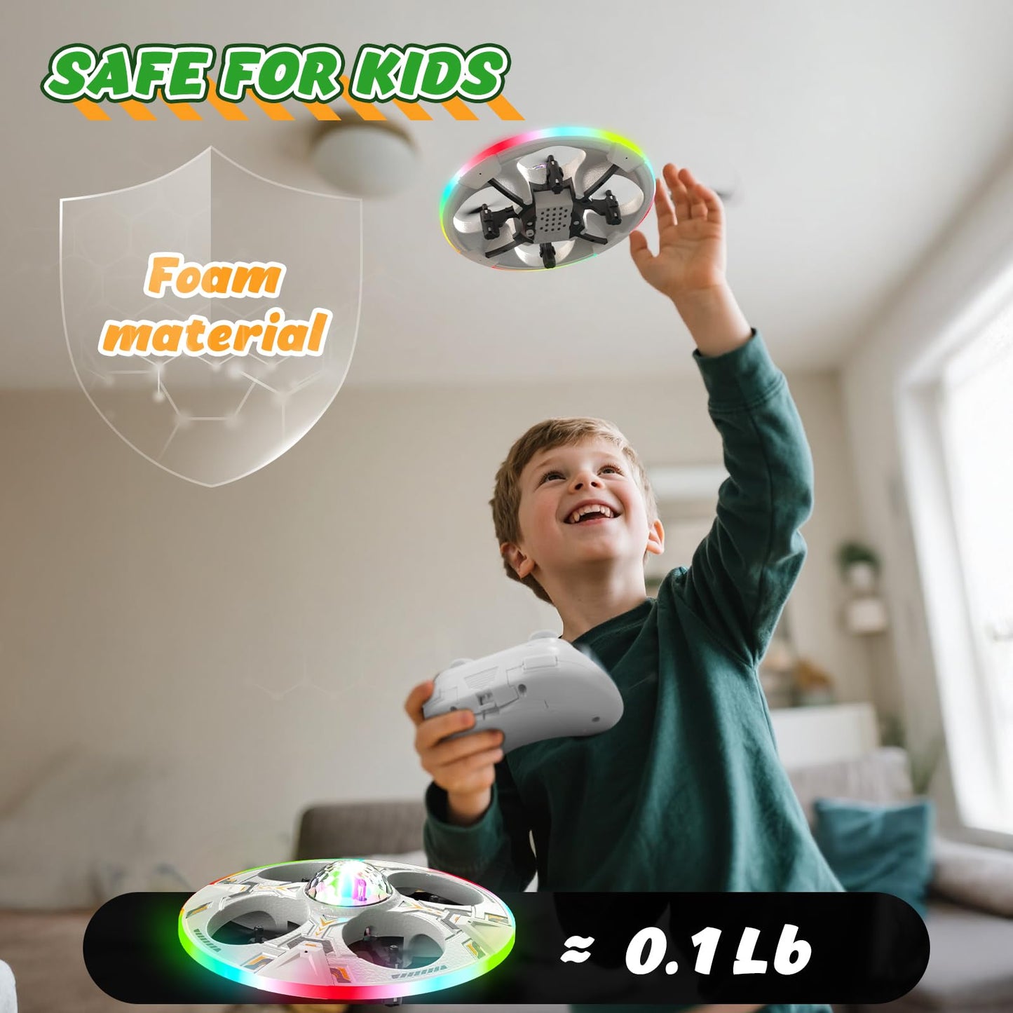 Foam UFO Drone for Kids–RC Plane with Colorful LED Lights, Remote Control Helicopter with Auto Hover, 2 Batteries (15 Mins Flight)
