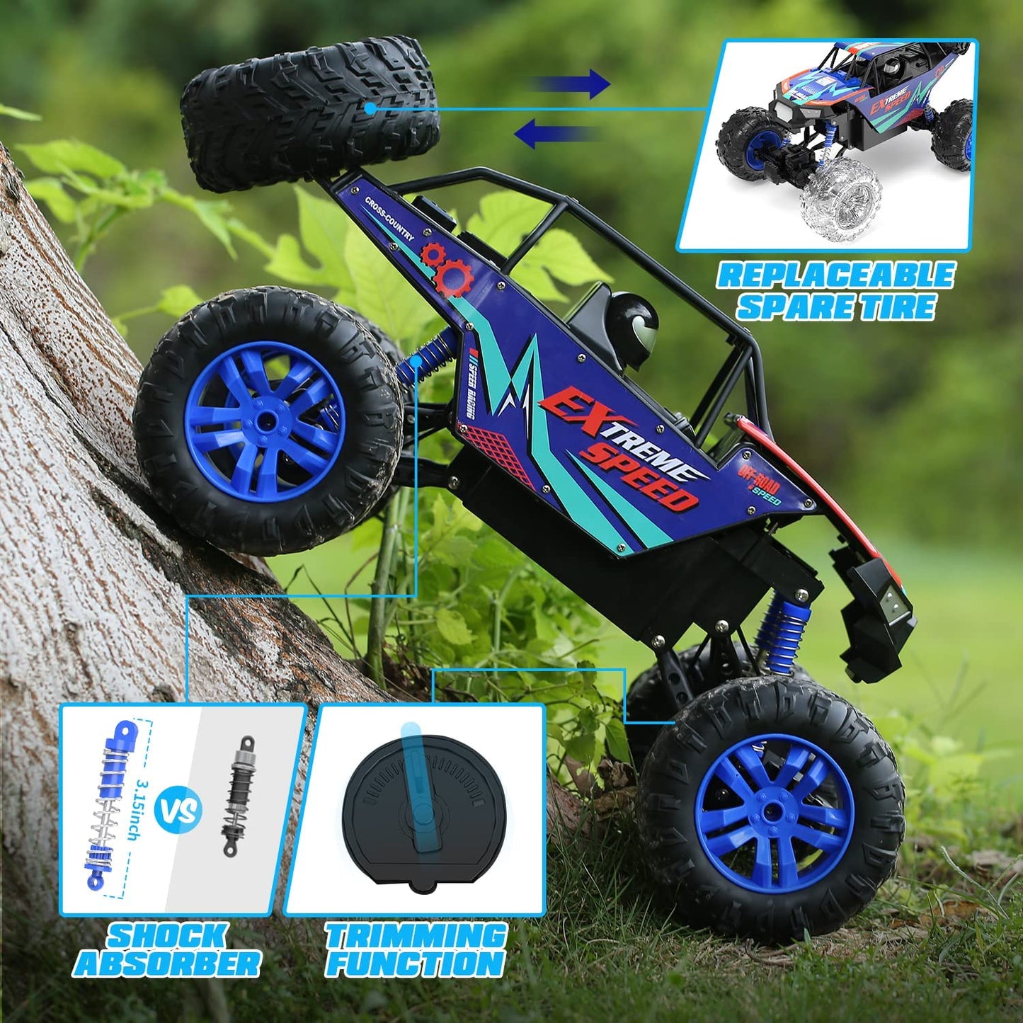 DEERC Large 1:8 Scale Upgraded Monster Truck Remote Control Car for Adults Boys, Off Road RC Cars with Realistic Sound, 2.4Ghz 4WD Rock Crawler Toy All Terrain Climbing, 2 Batteries for 80 Min Play