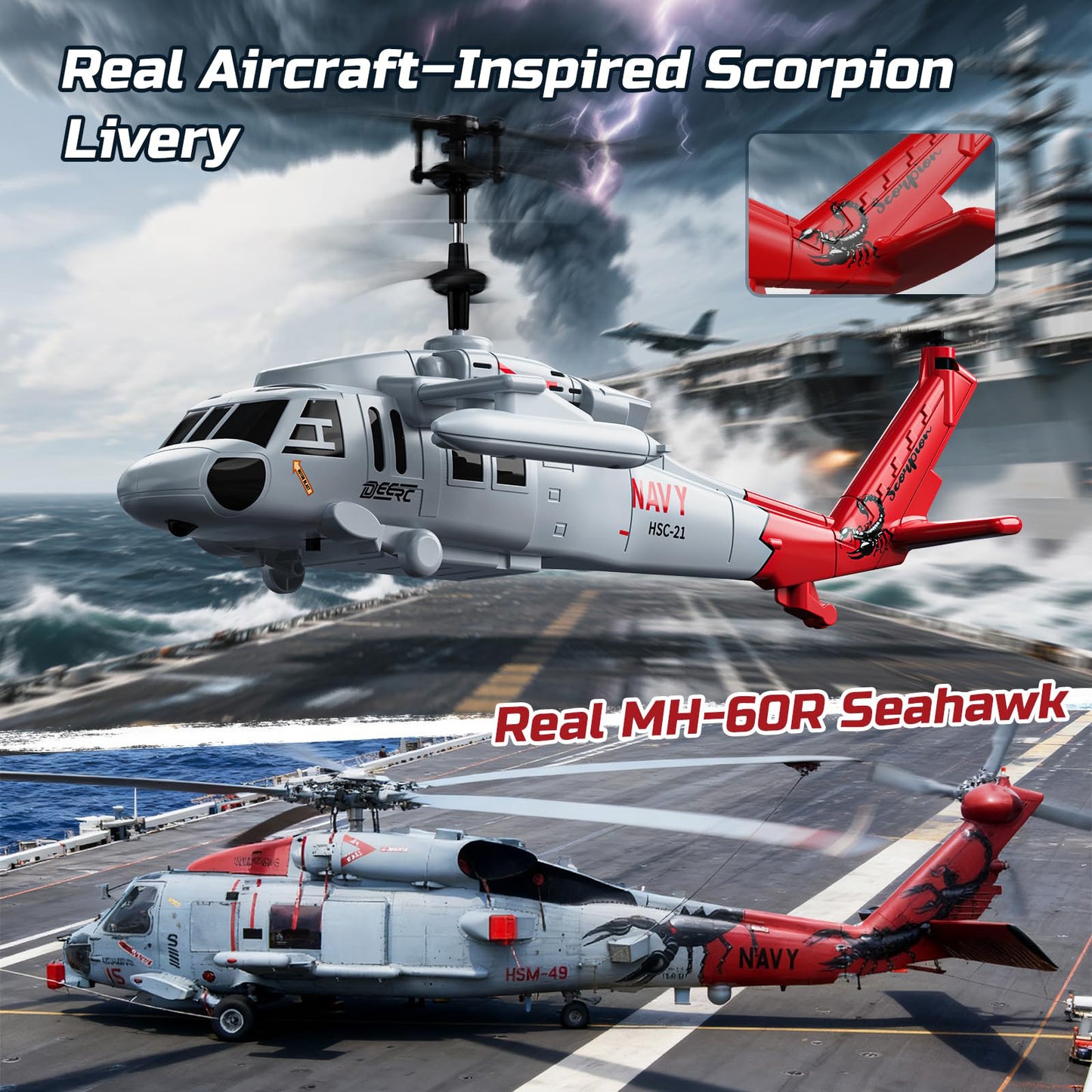 DEERC Black Hawk RC Helicopter for Kids, 2.4GHz Remote Control Helicopter for Adults, 26 Mins Flight, LED Lights, Altitude Hold, One-Key Take Off, Indoor Friendly, Helicopters Toy for Boys 8-12 Boys