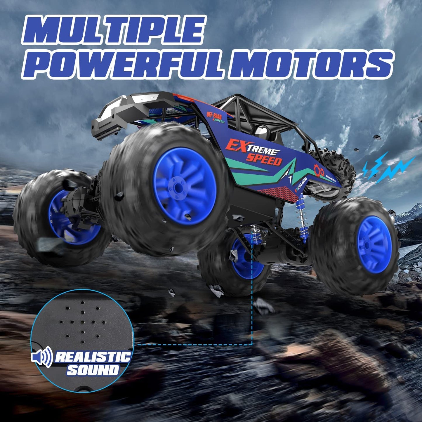 DEERC Large 1:8 Scale Upgraded Monster Truck Remote Control Car for Adults Boys, Off Road RC Cars with Realistic Sound, 2.4Ghz 4WD Rock Crawler Toy All Terrain Climbing, 2 Batteries for 80 Min Play